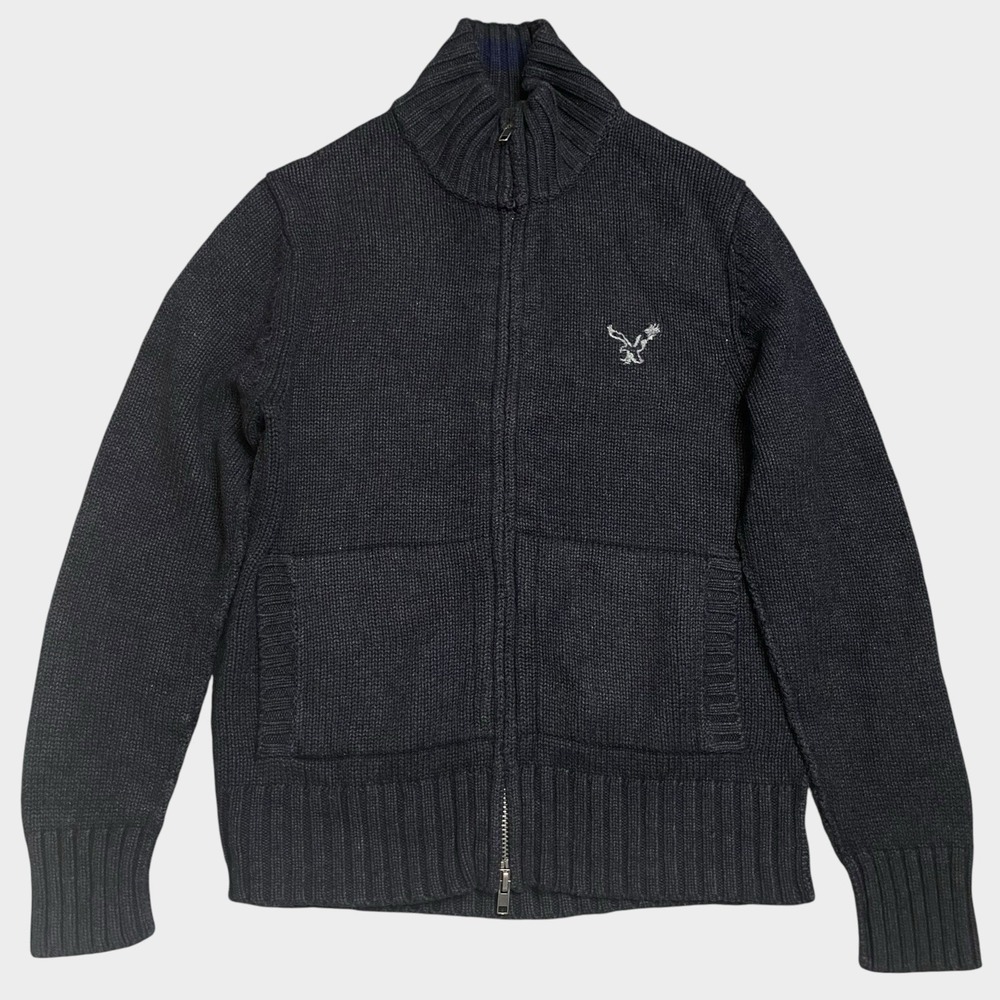 American Eagle Cardigan Sweater Full Zip Men Size M Black Wool Preppy Casual
